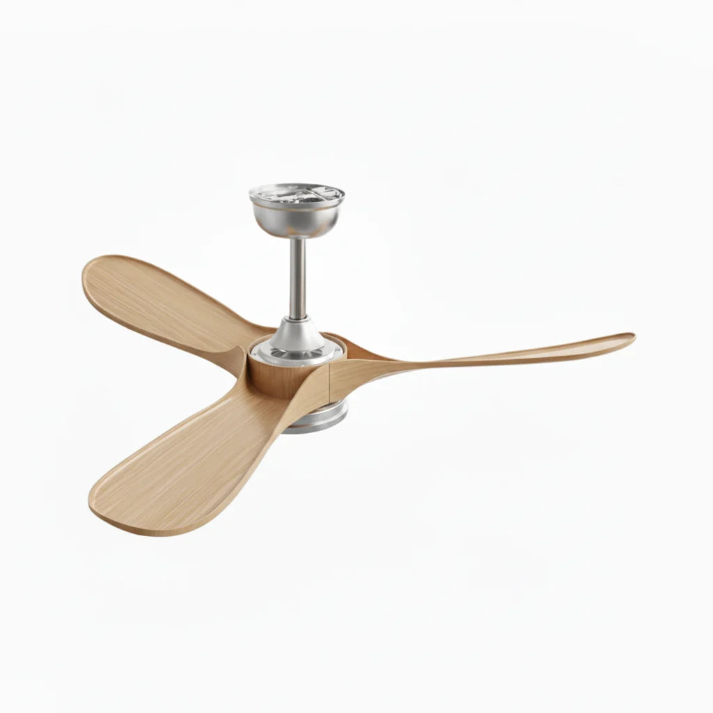 Savannah ceiling fan in brushed silver natural oak, on a plain background