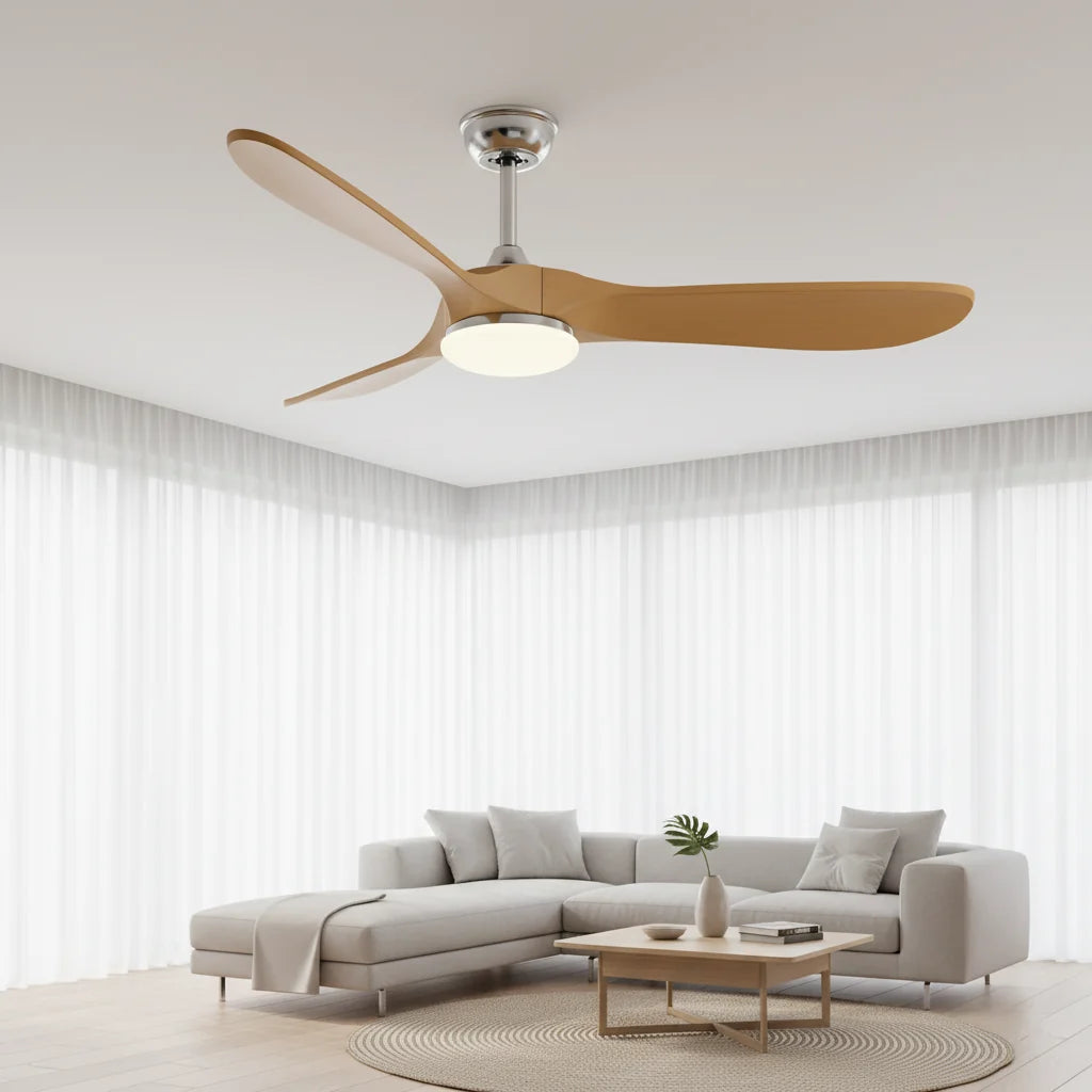 Savannah ceiling fan with its light on in a living room