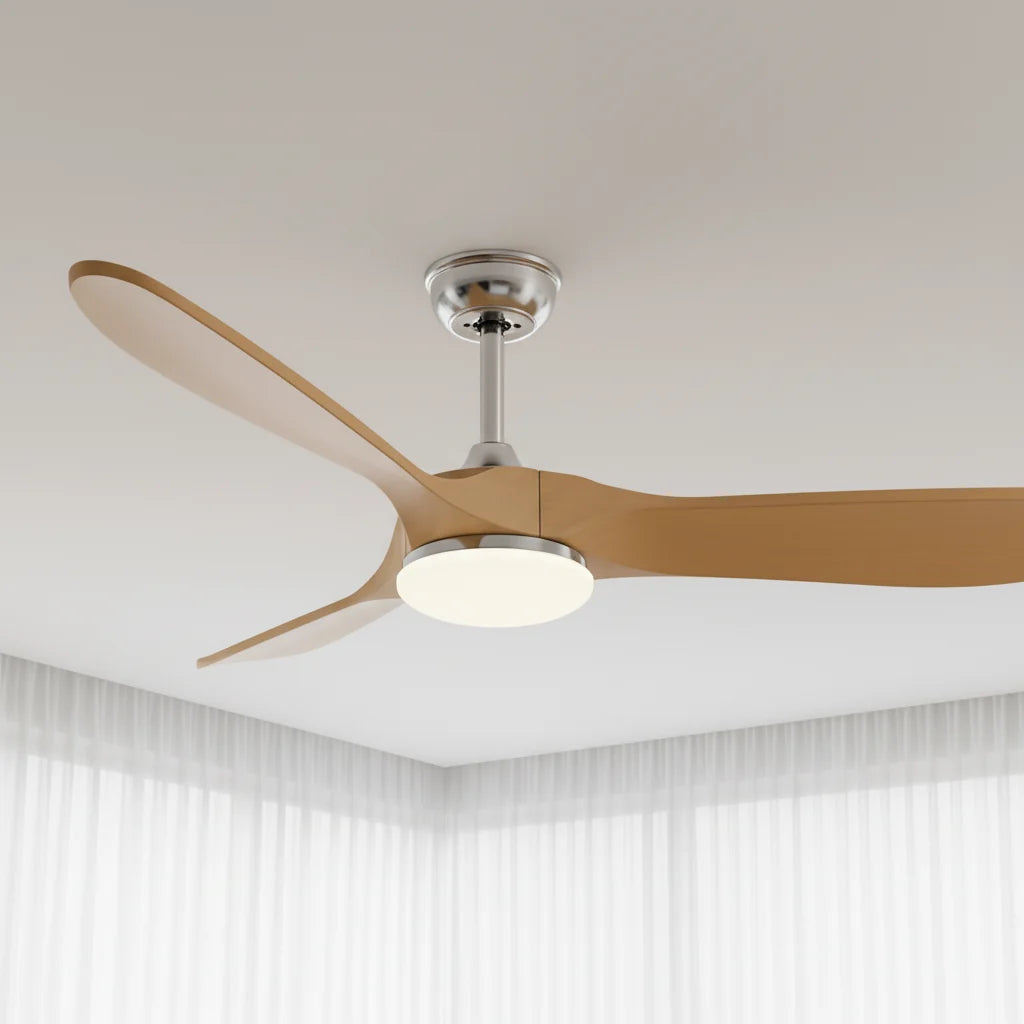 Savannah ceiling fan with its light on seen across a room