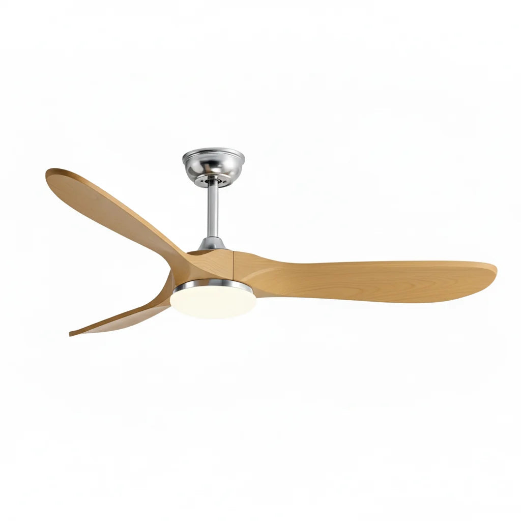 Savannah ceiling fan in brushed silver natural oak, seen from the side