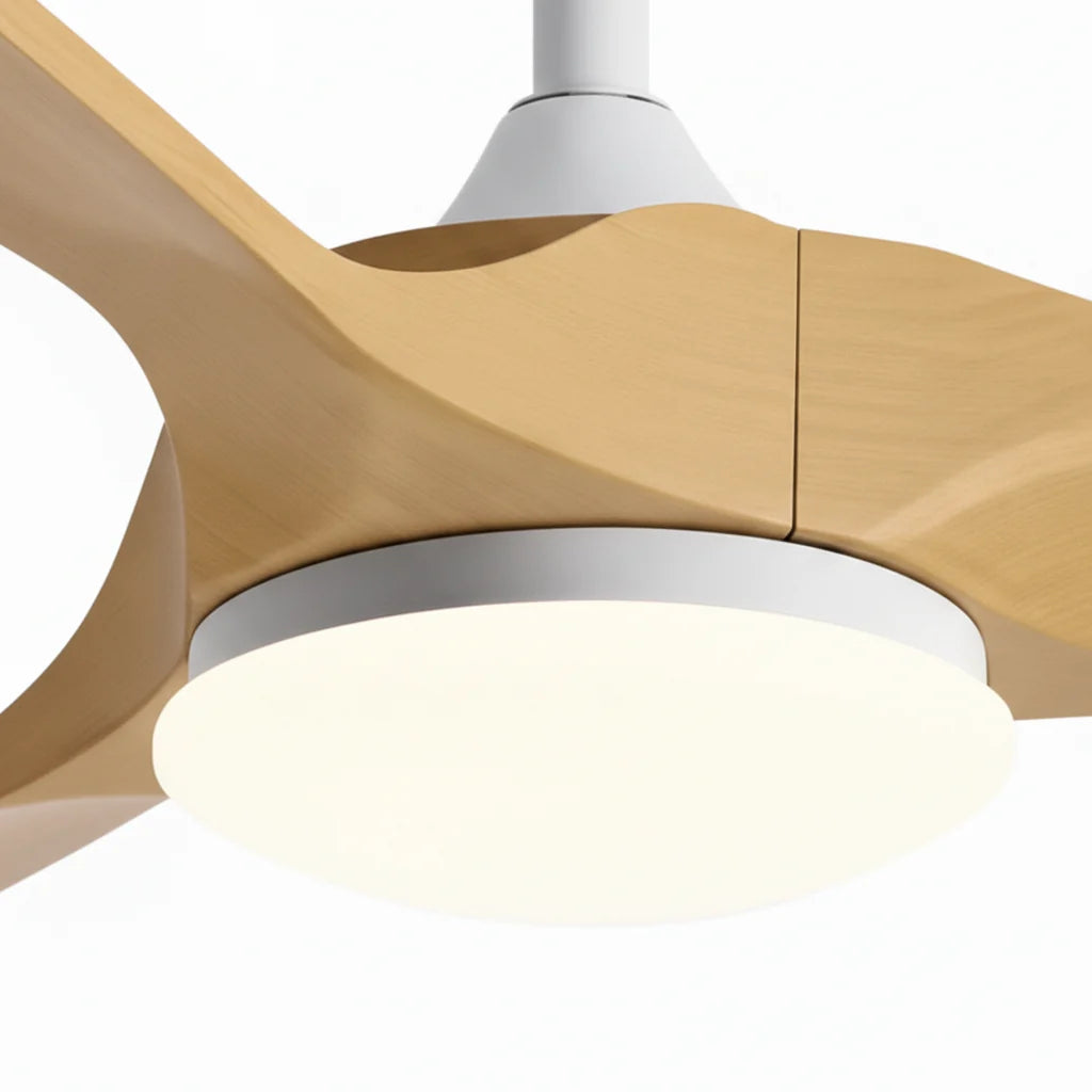 Savannah ceiling fan in white natural oak, seen from below