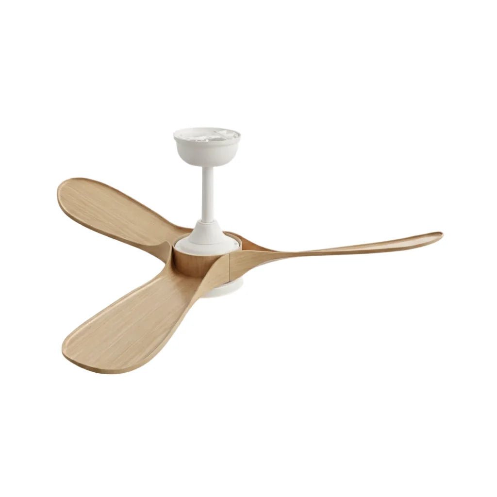 Savannah ceiling fan in white natural oak, on a plain background