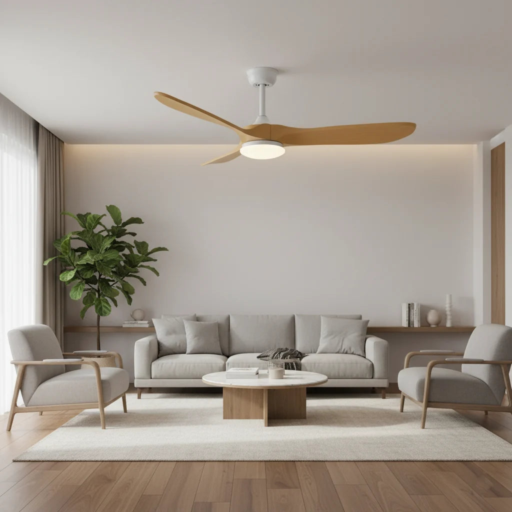 Savannah ceiling fan with its light on in a living room