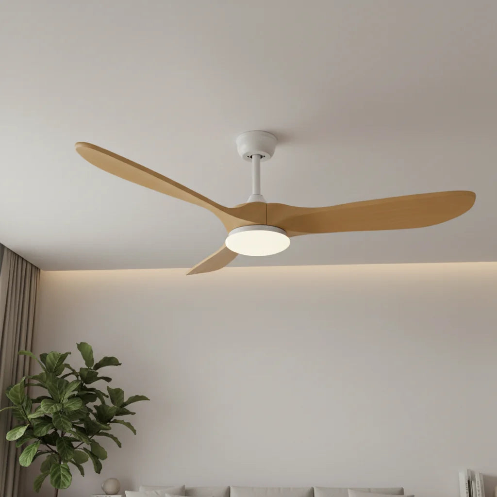 Savannah ceiling fan with its light on seen across a room