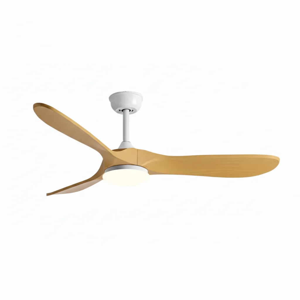 Savannah ceiling fan in white natural oak, seen from the side