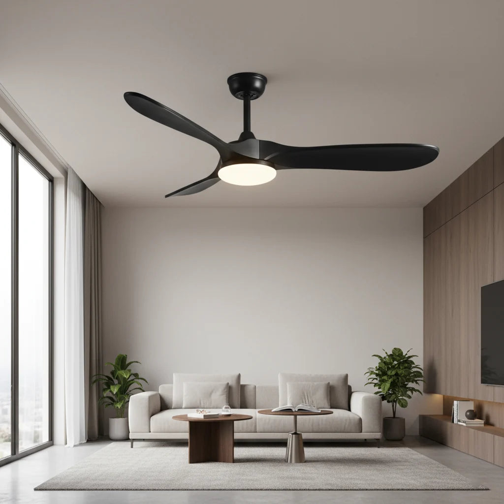 Savannah ceiling fan with its light on in a living room