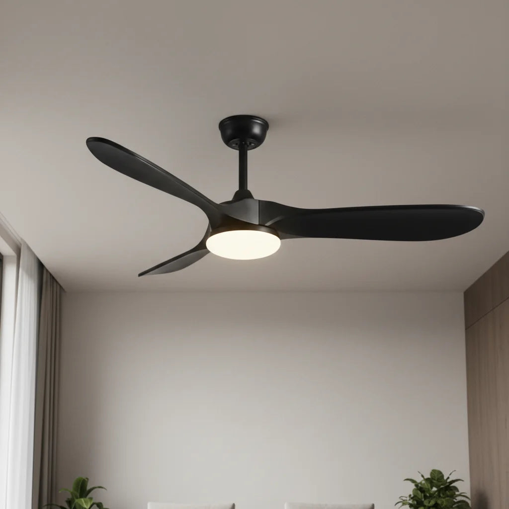 Savannah ceiling fan with its light on seen across a room