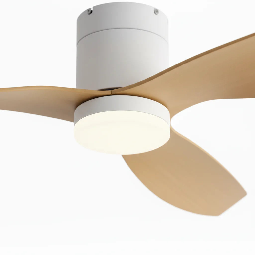 Close-up of the white housing where the light oak blades meet