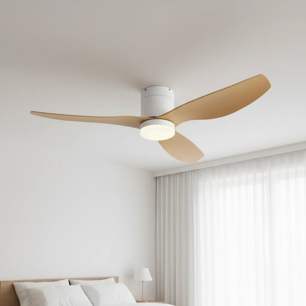 Marlow ceiling fan with its light on seen from below