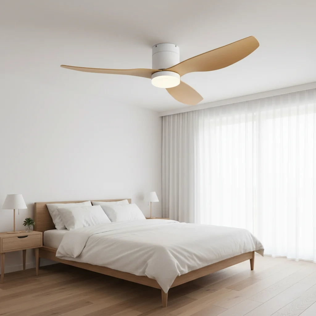 Marlow ceiling fan with its light on in a bedroom