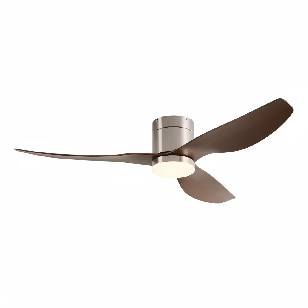 Marlow ceiling fan in brushed silver dark walnut, seen from the side