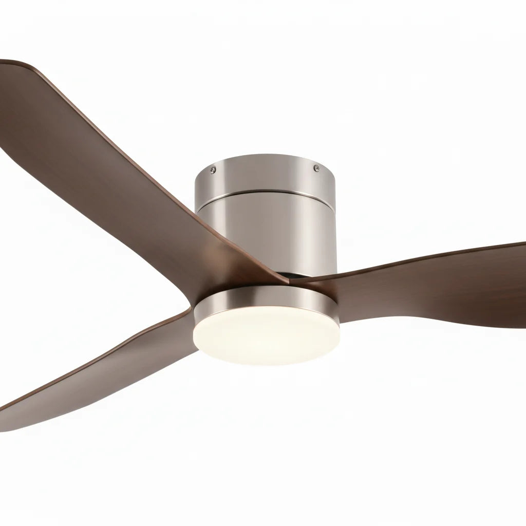 Close-up of the brushed silver housing where the dark walnut blades meet