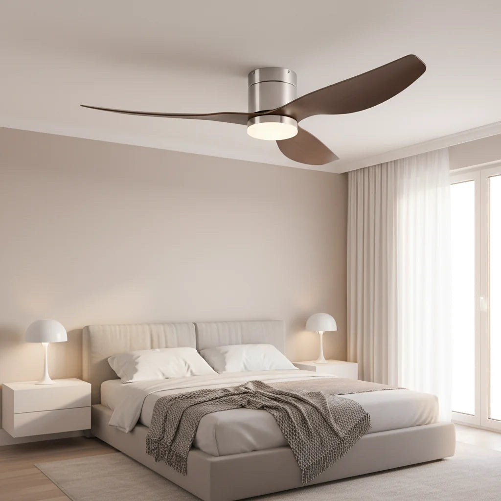 Marlow ceiling fan with its light on seen from below