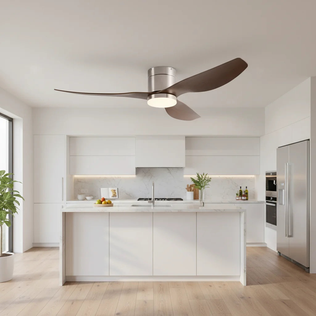 Marlow ceiling fan with its light on in a bedroom