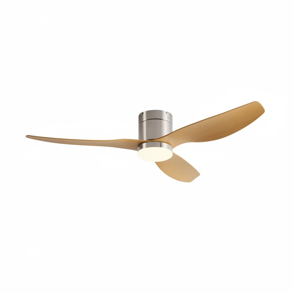 Marlow ceiling fan in brushed silver light oak, seen from the side