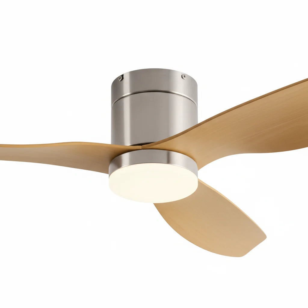 Close-up of the brushed silver housing where the light oak blades meet