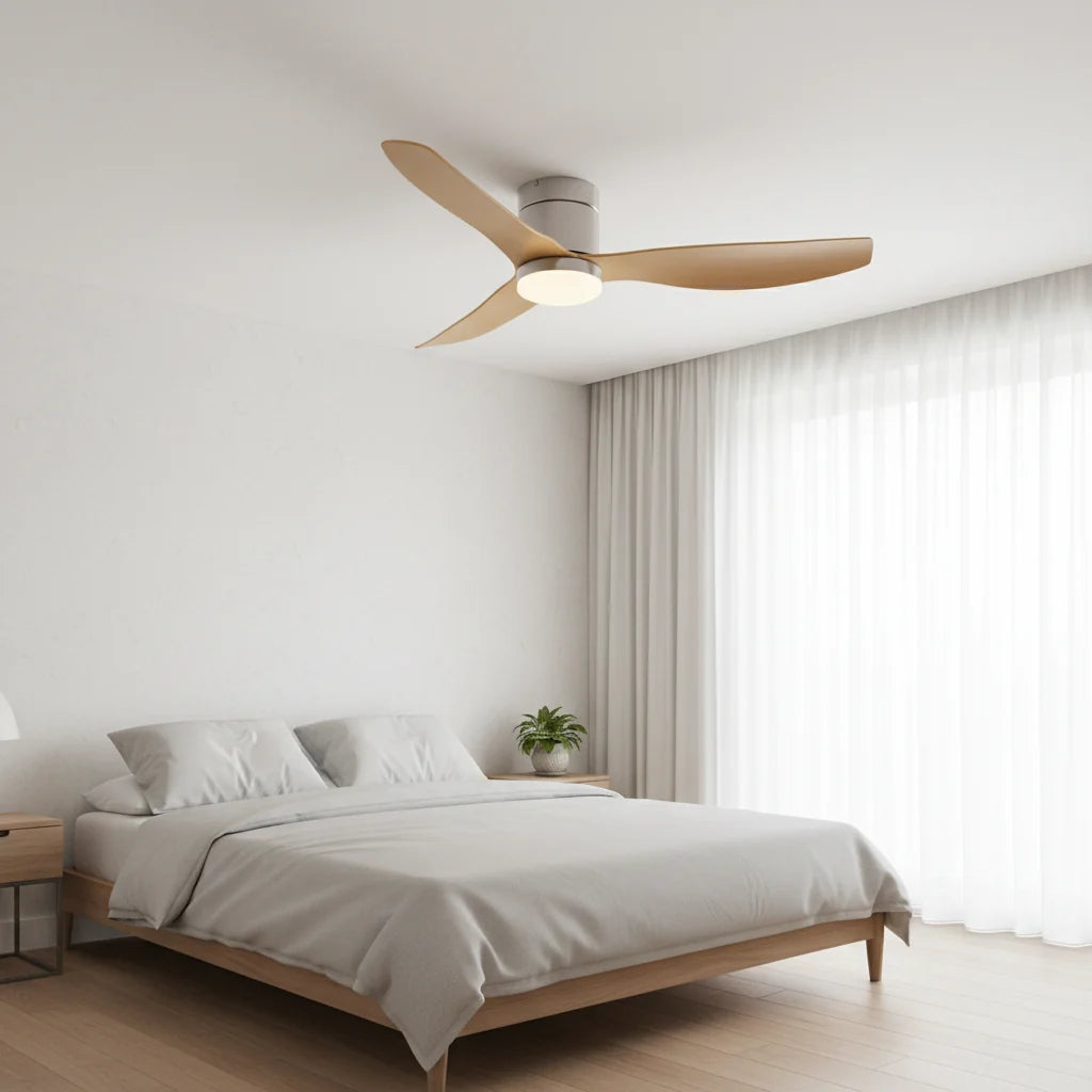Marlow ceiling fan with its light on in a bedroom
