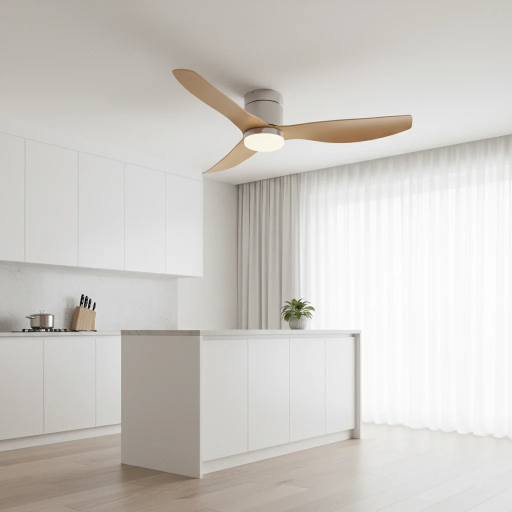 Marlow ceiling fan with its light on seen from below