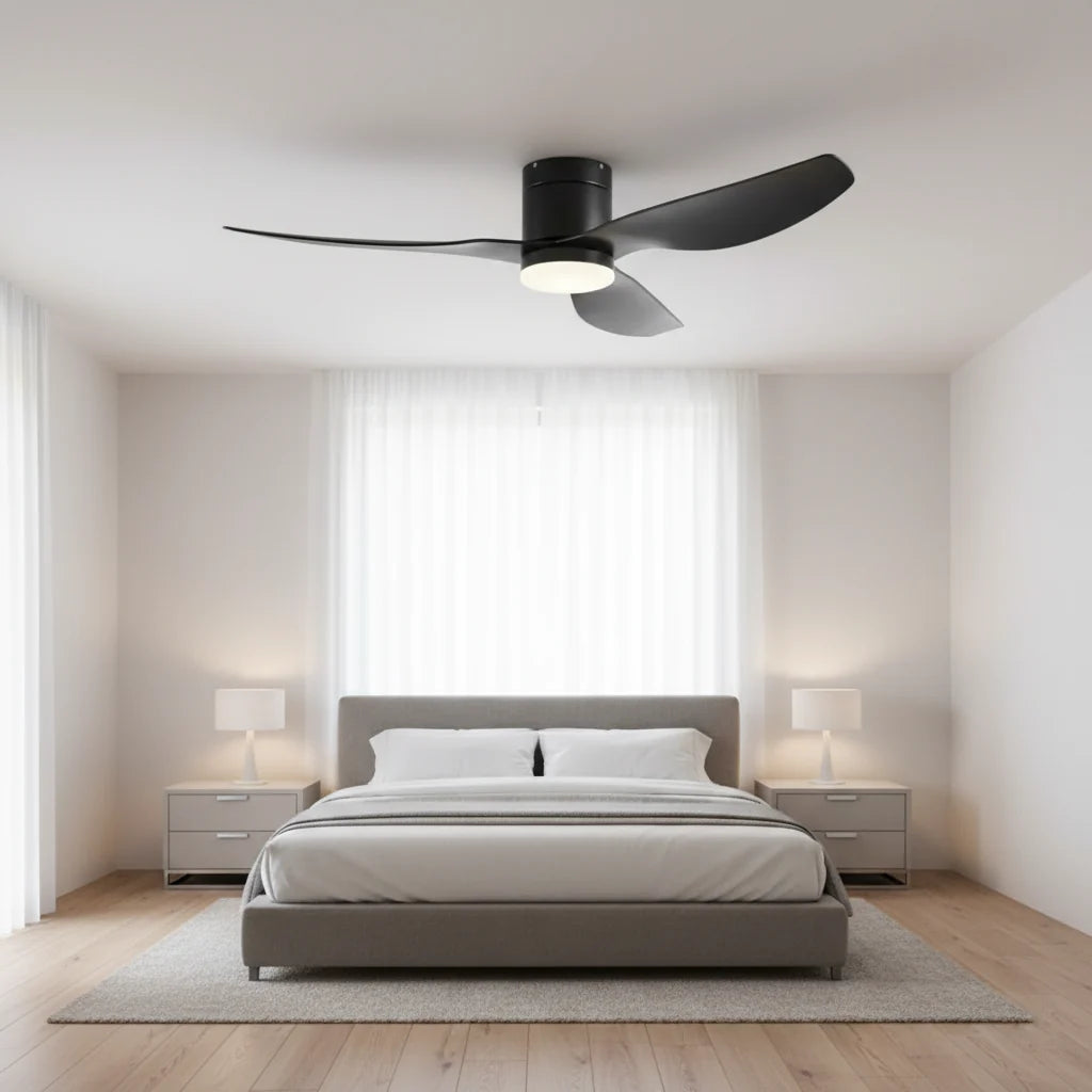 Marlow ceiling fan with its light on in a bedroom