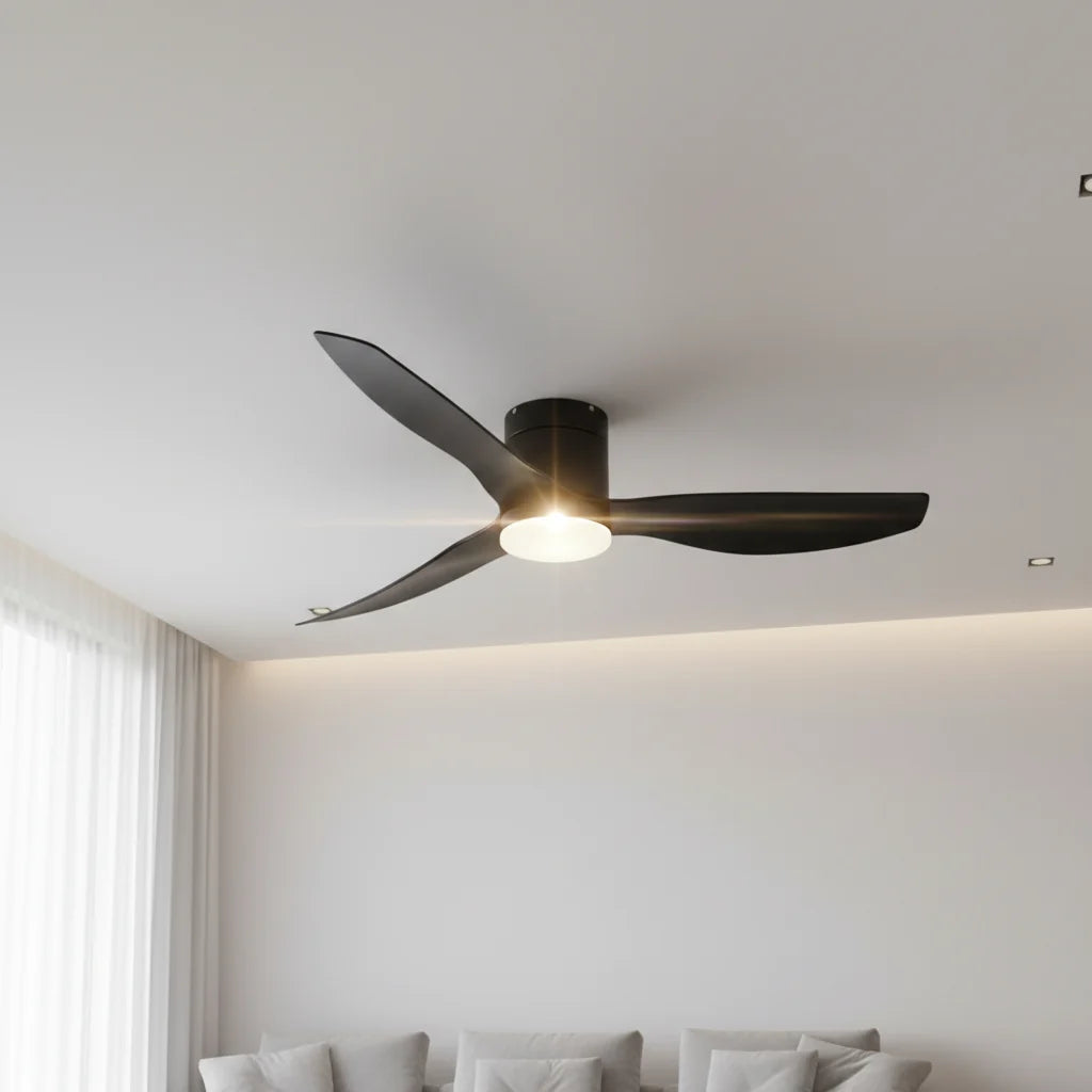 Marlow ceiling fan with its light on seen from below