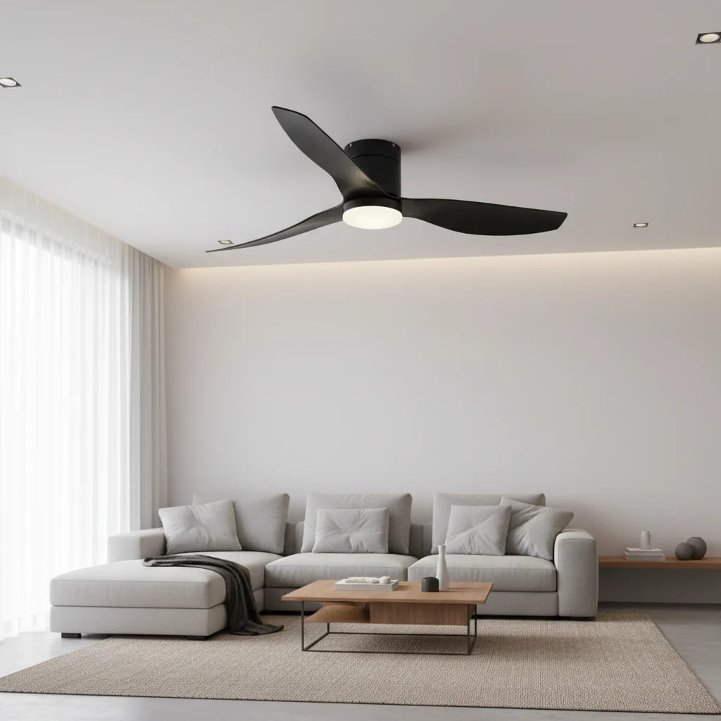 Marlow ceiling fan with its light on in a living room