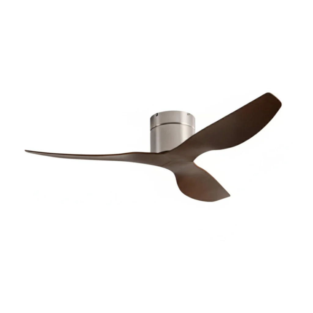 Hollis ceiling fan in brushed silver dark walnut, seen from the side