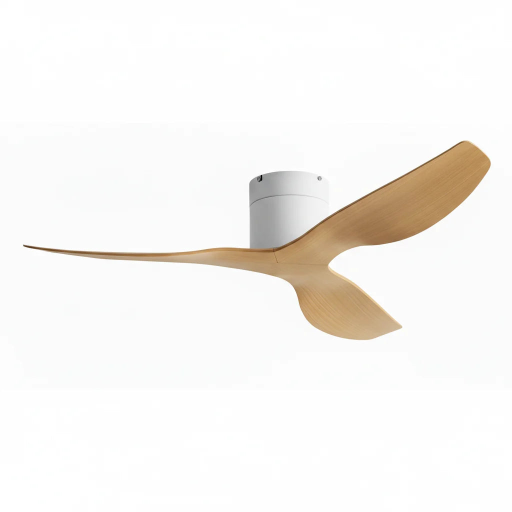 Hollis ceiling fan in white light oak, seen from the side