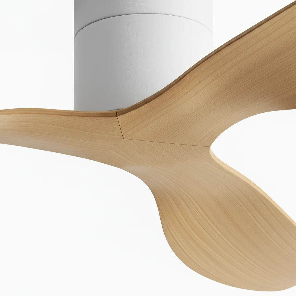Close-up of the white housing where the light oak blades meet