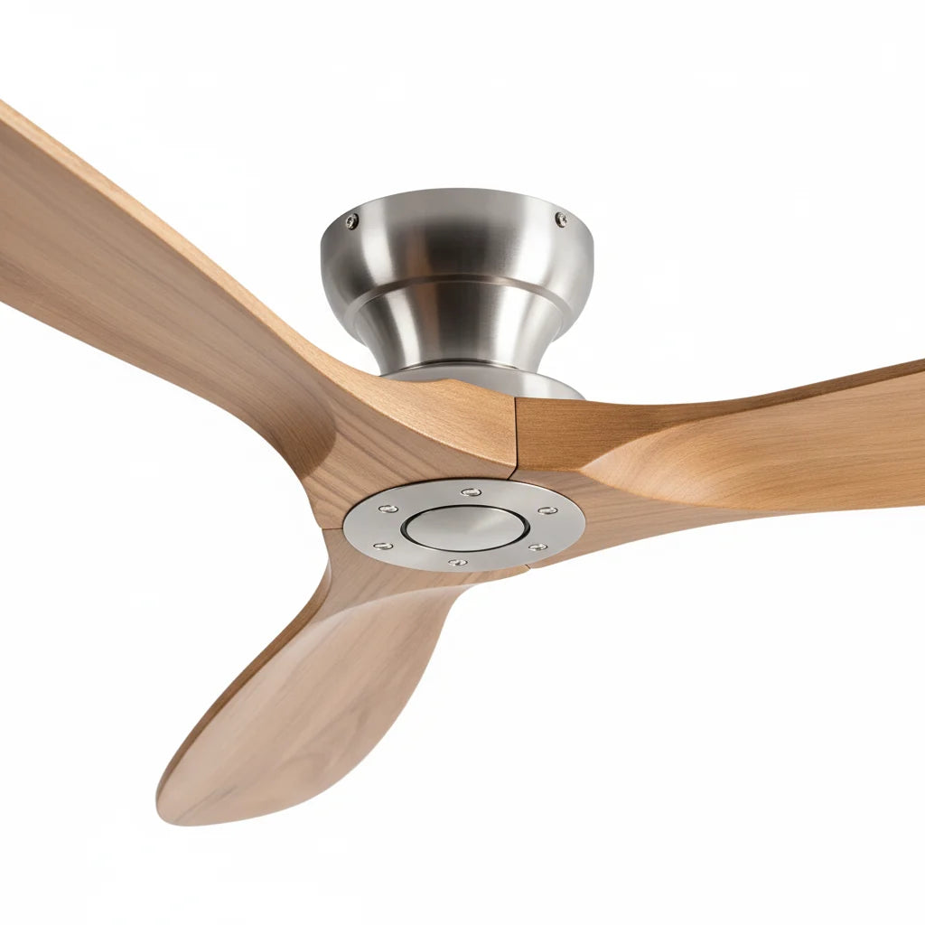 The fan from below at an angle, showing the brushed silver motor housing
