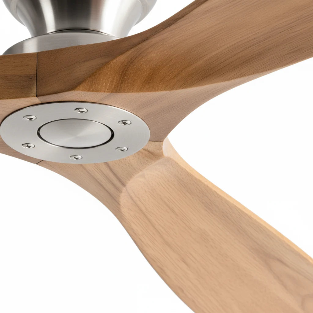 Close-up of the hub where the three wood blades meet the motor