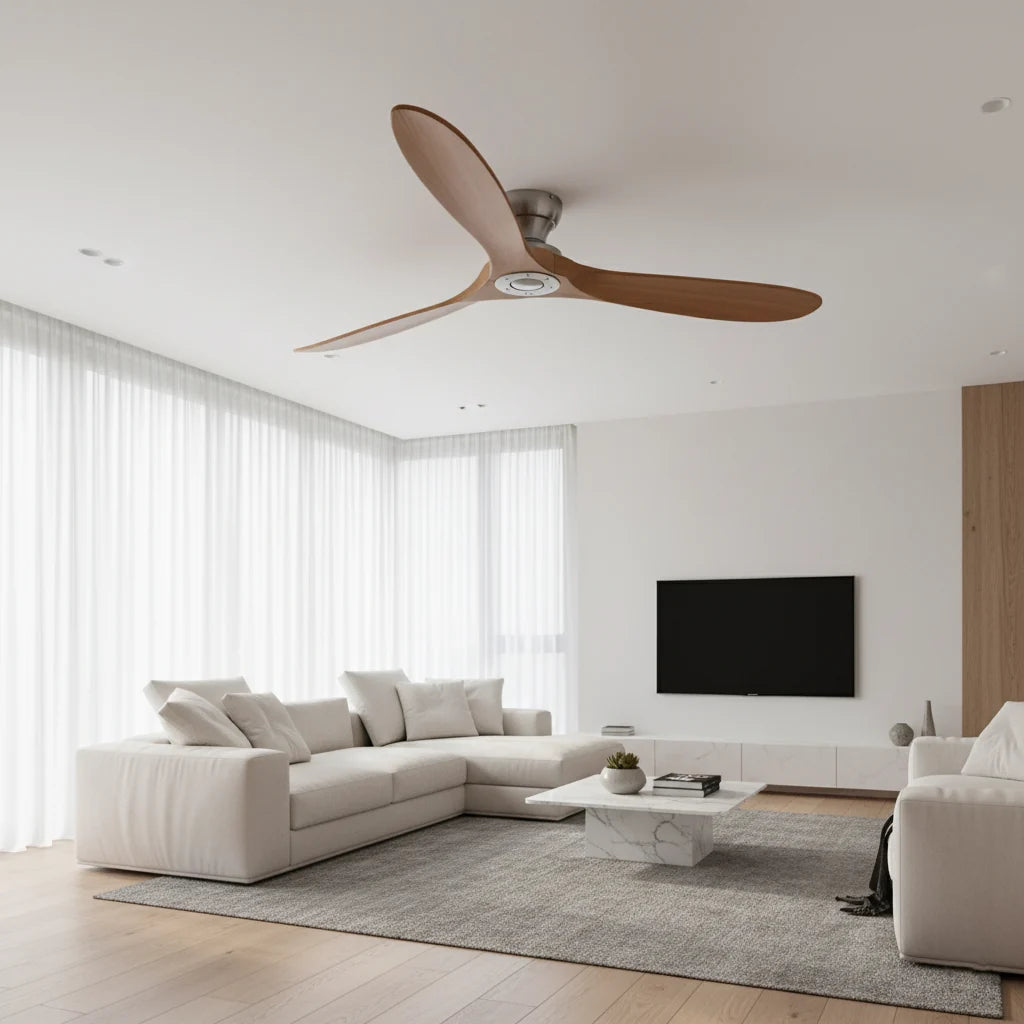 Ashland ceiling fan mounted in a bright living room with sheer curtains