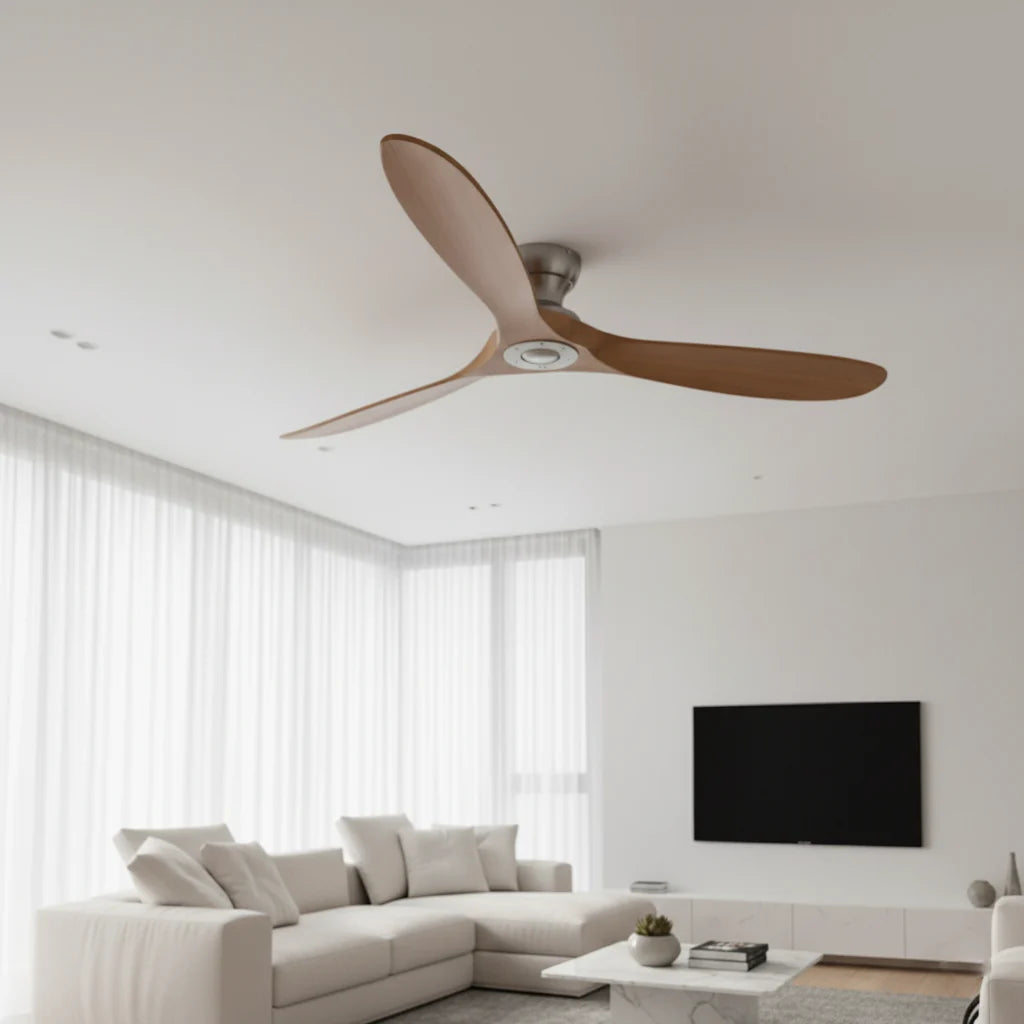 Ashland ceiling fan seen across a living room, showing its scale in the space