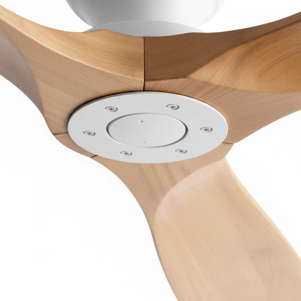 Close-up of the brushed hub at the centre of the fan