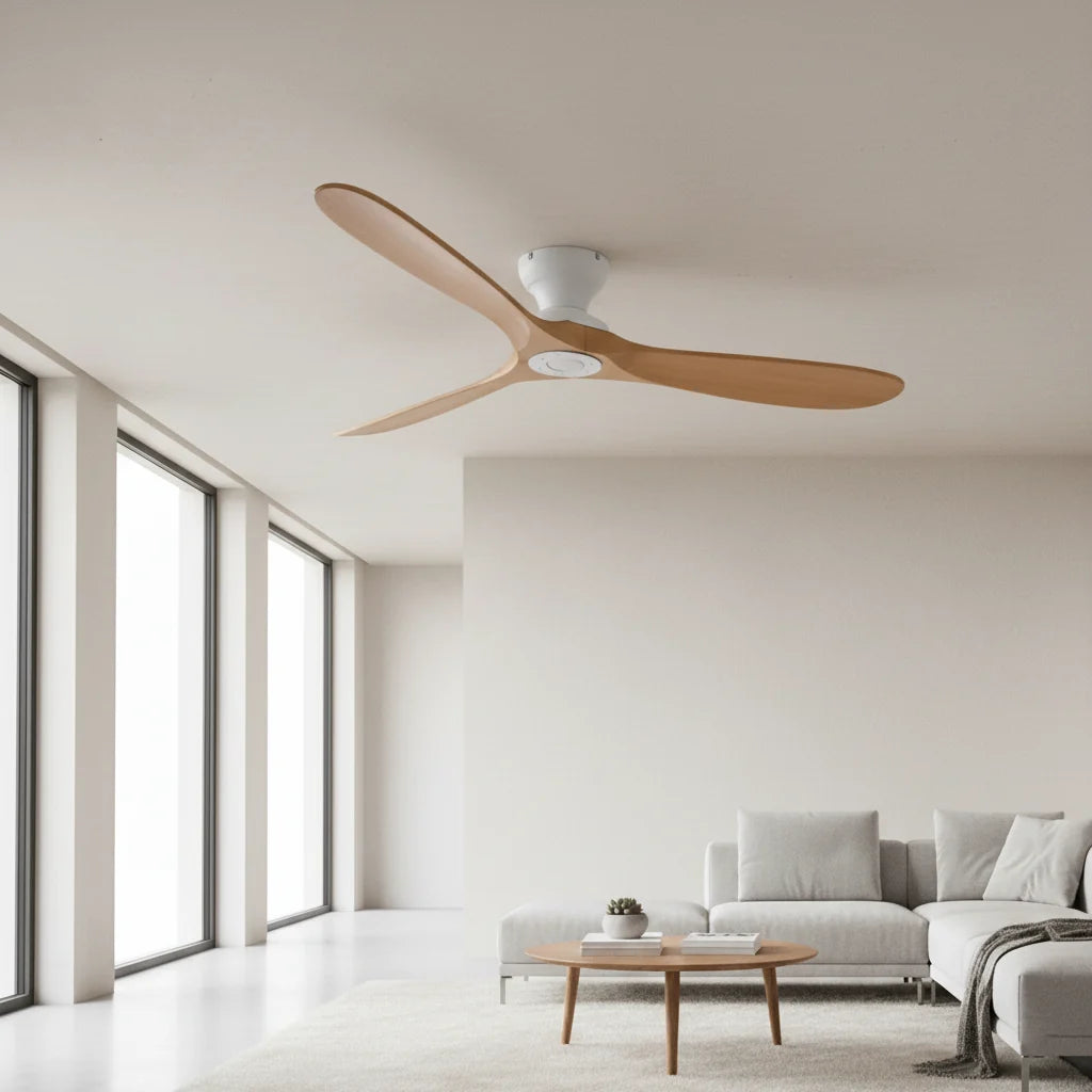 Ashland ceiling fan in a bright living room with floor-to-ceiling windows