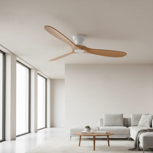 Ashland ceiling fan in a bright living room with floor-to-ceiling windows