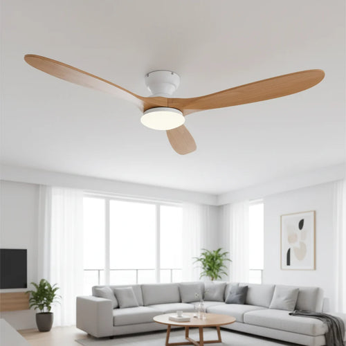 Ashland ceiling fan with its light on in a bright living room