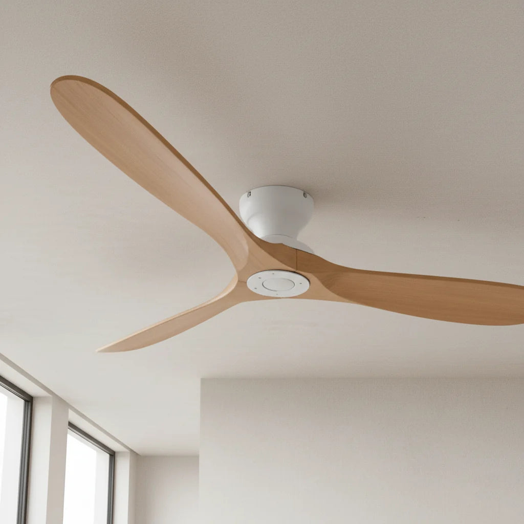 Ashland ceiling fan seen from below in a white room