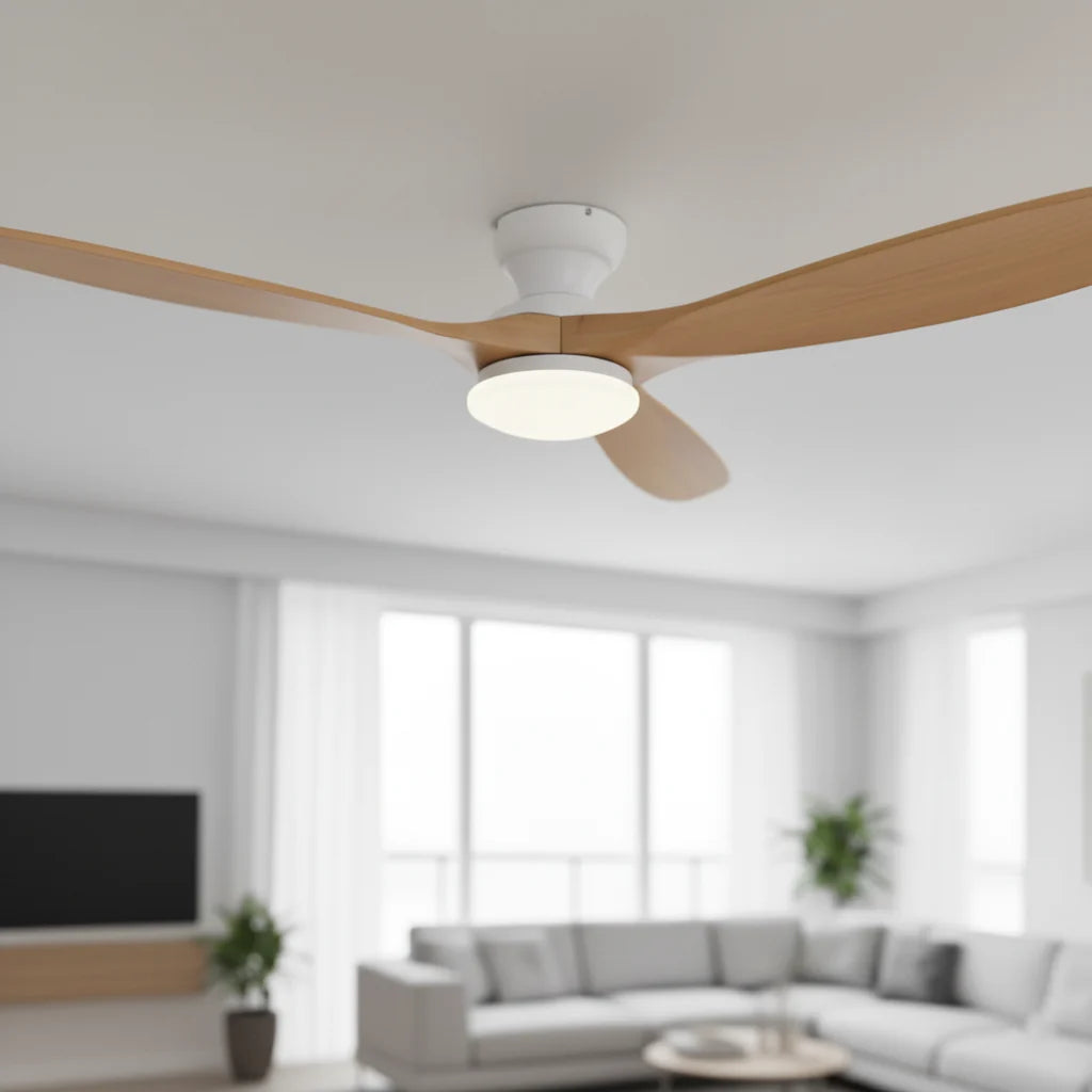 Ashland ceiling fan with light seen from below in a white room