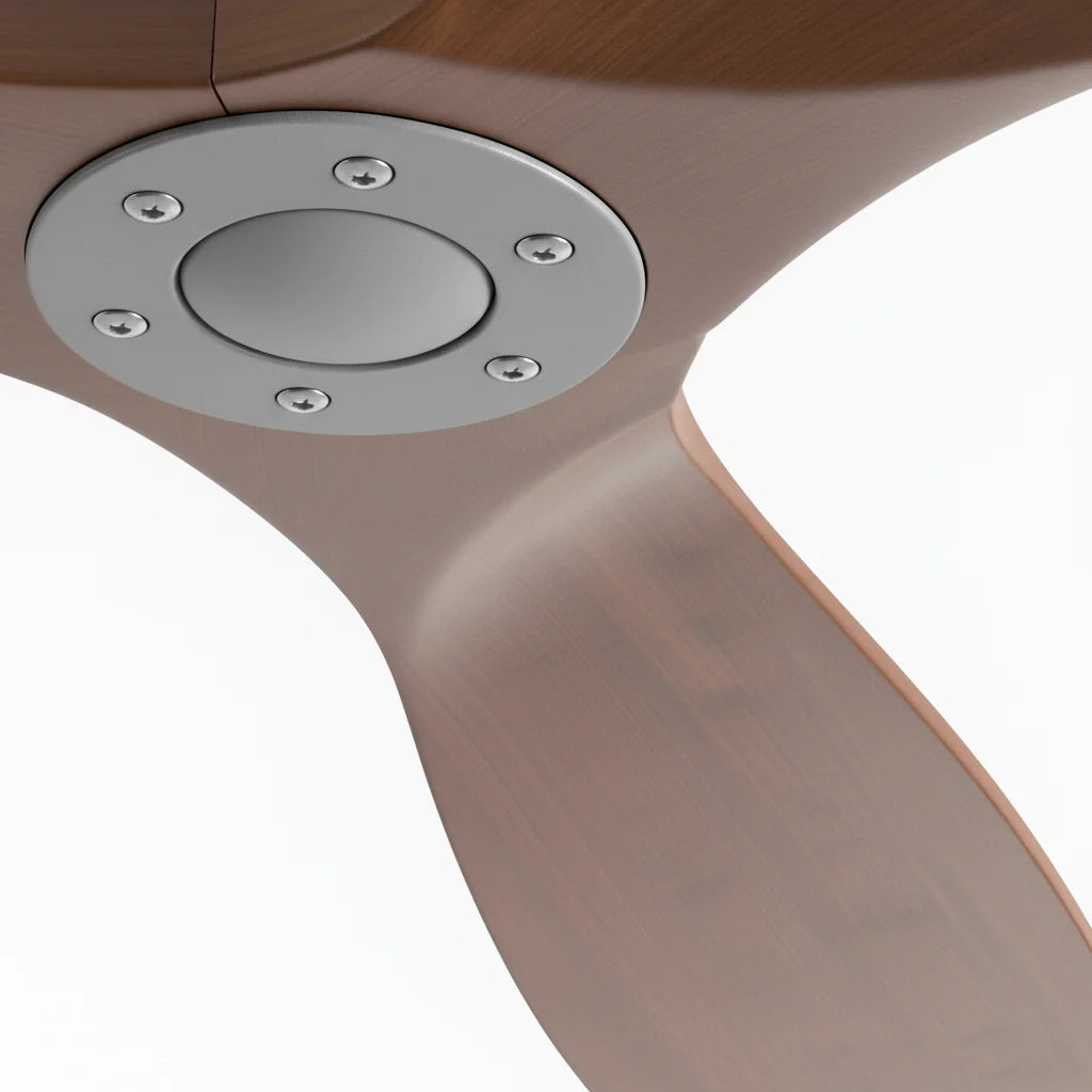 Close-up of the gray hub against a walnut blade