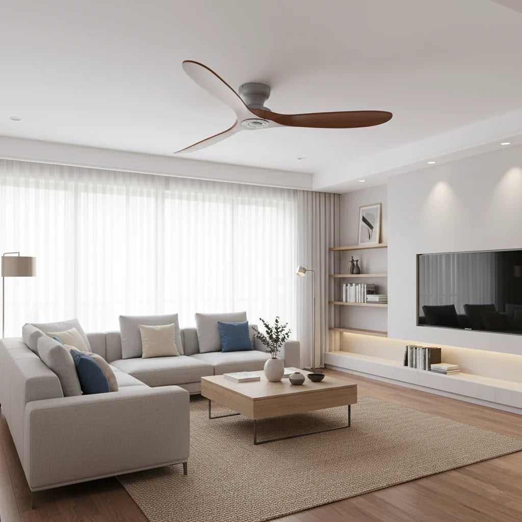 Ashland ceiling fan seen across an open living room