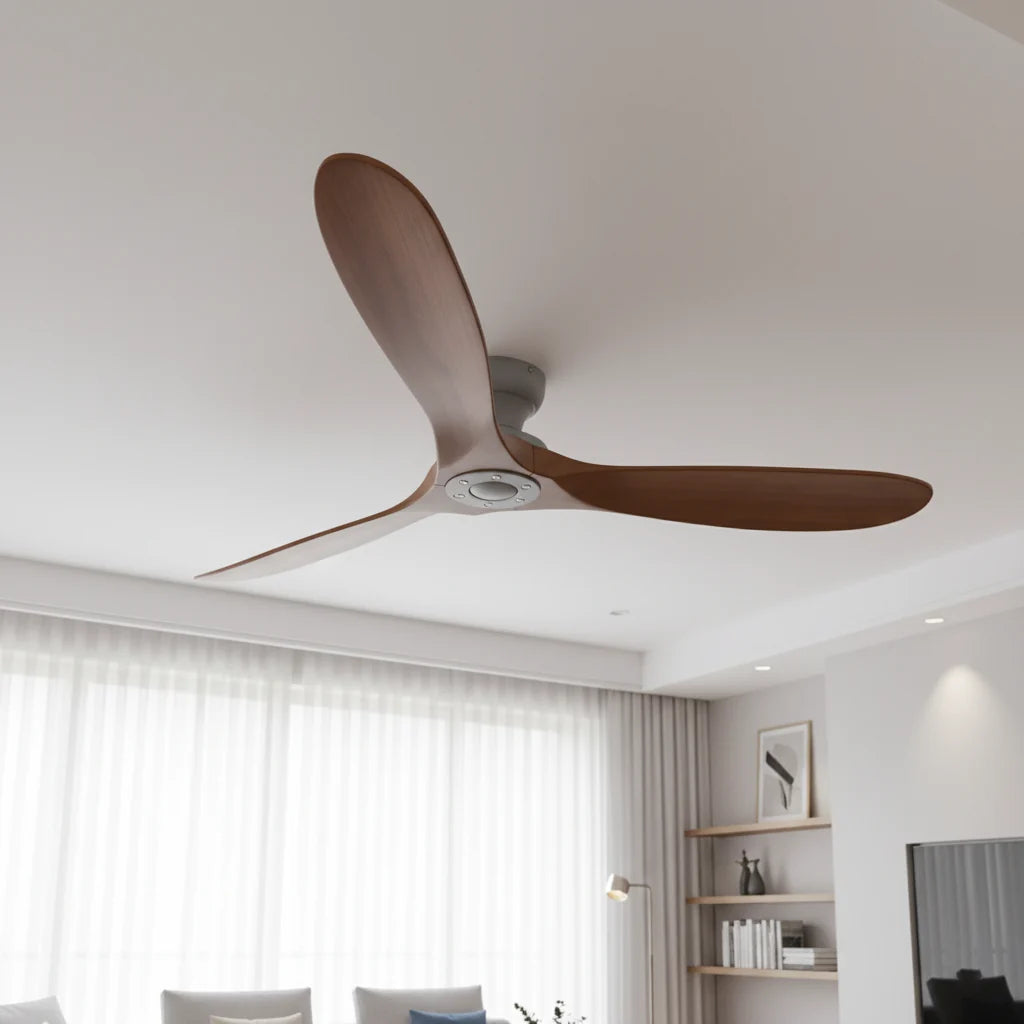 Ashland ceiling fan in a living room with sheer curtains