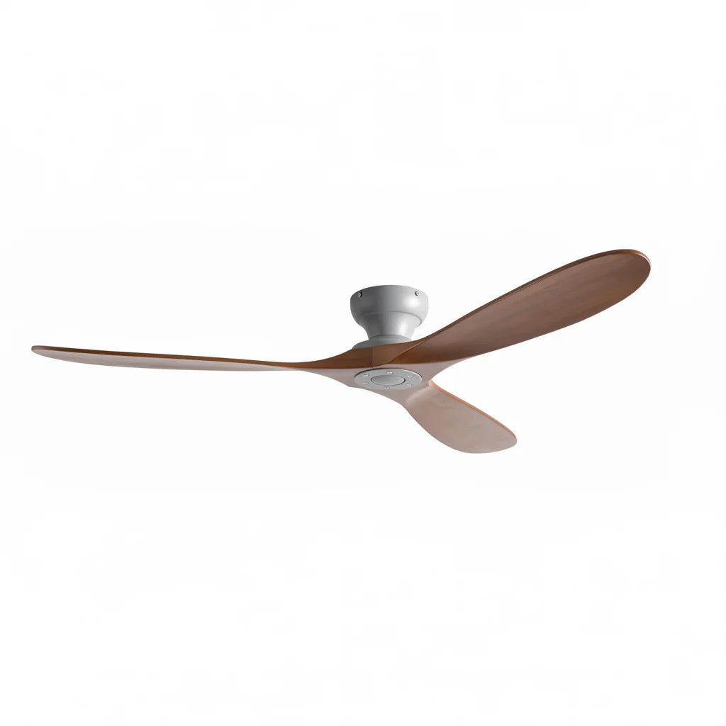 Ashland ceiling fan in dark walnut and gray, seen from the side