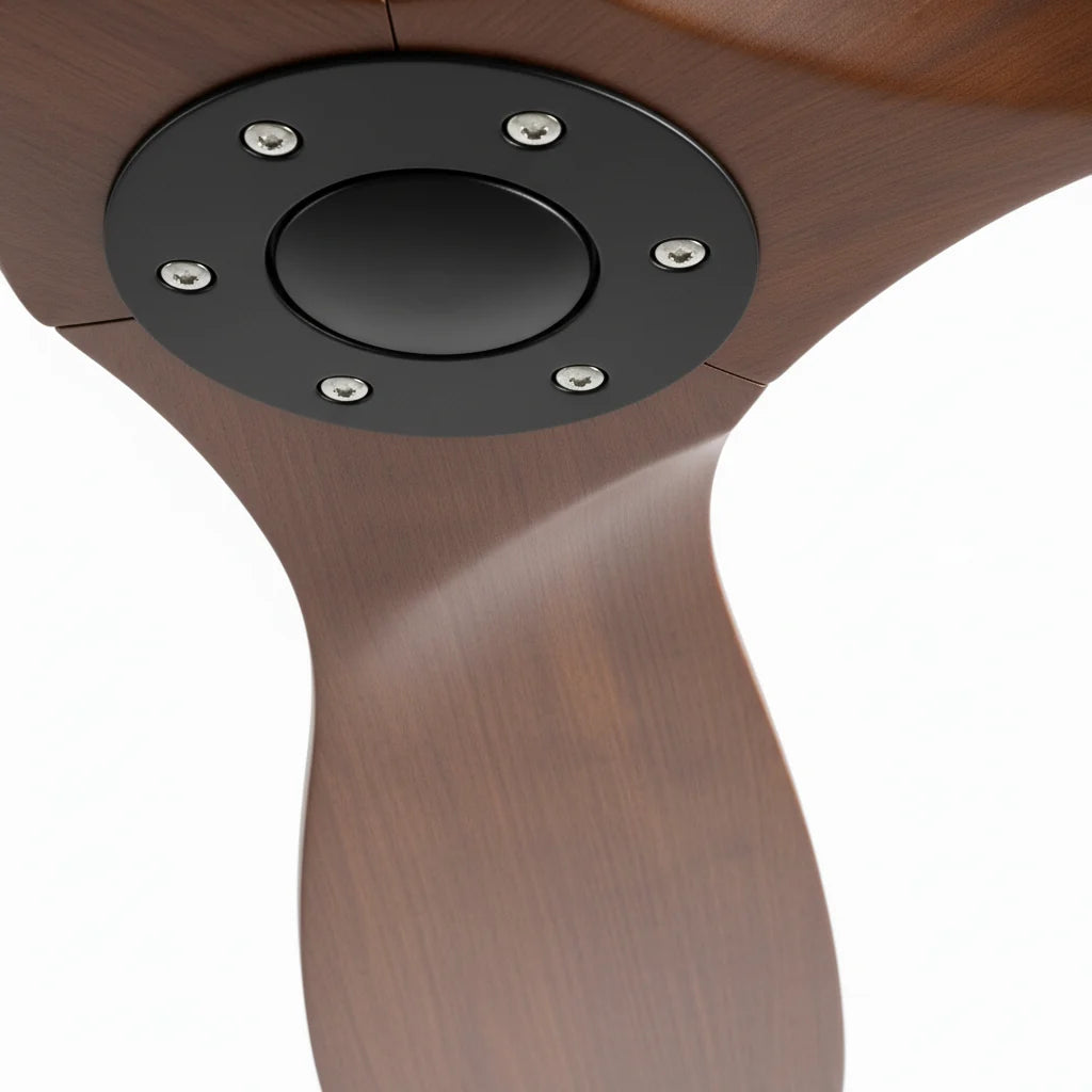 Close-up of the black hub against a walnut blade