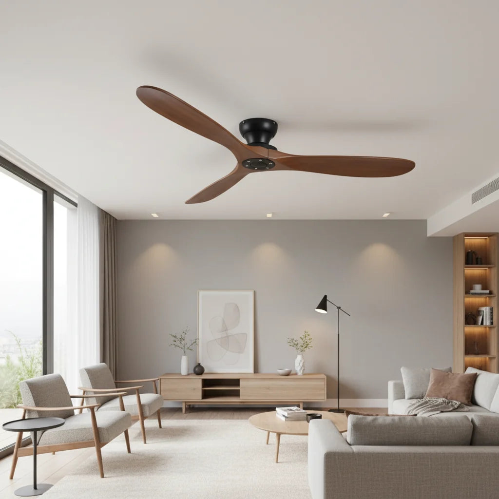 Ashland ceiling fan in a warm living room with wood furniture