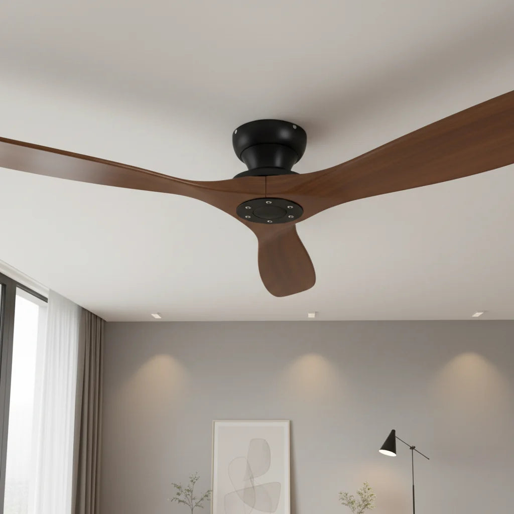 Ashland ceiling fan seen from below in a softly lit room