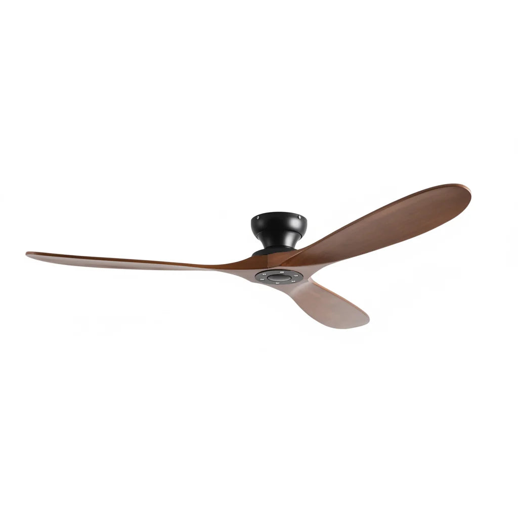 Ashland ceiling fan in dark walnut and black, seen from the side