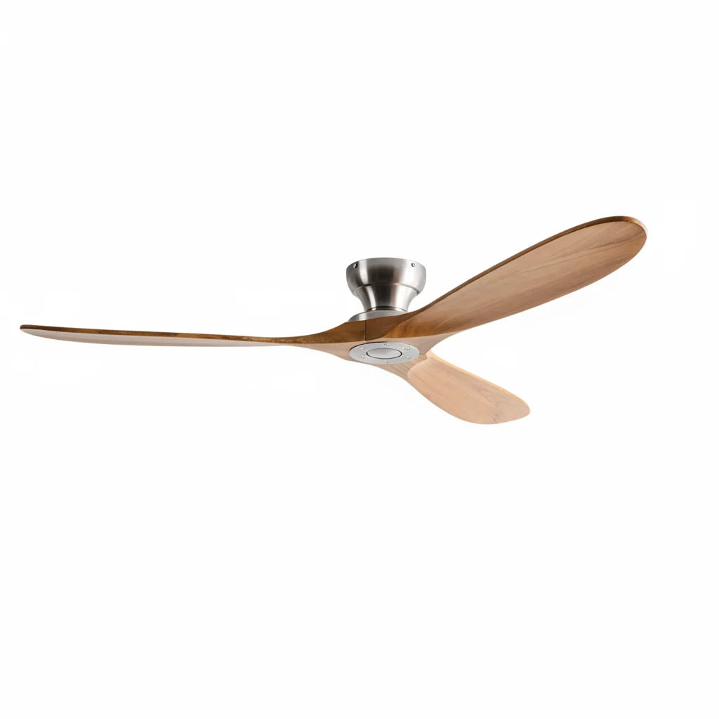 Ashland ceiling fan in natural oak and silver, seen from the side