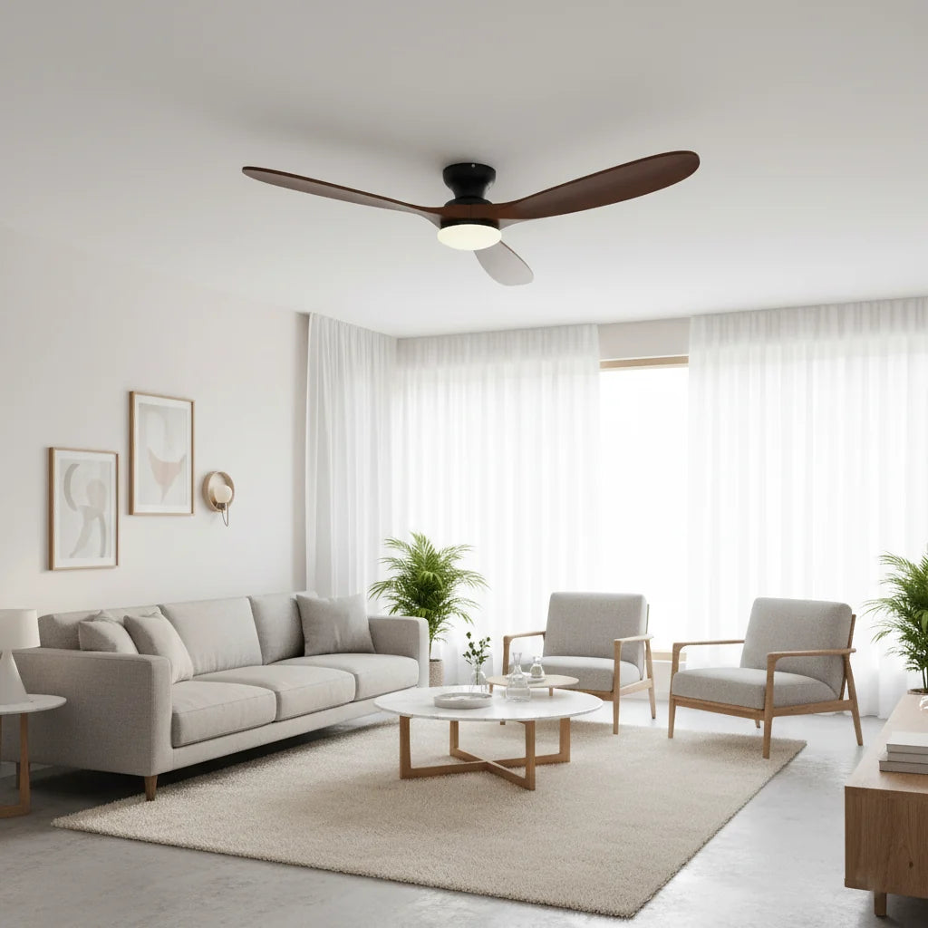 Ashland ceiling fan with its light on above a living room