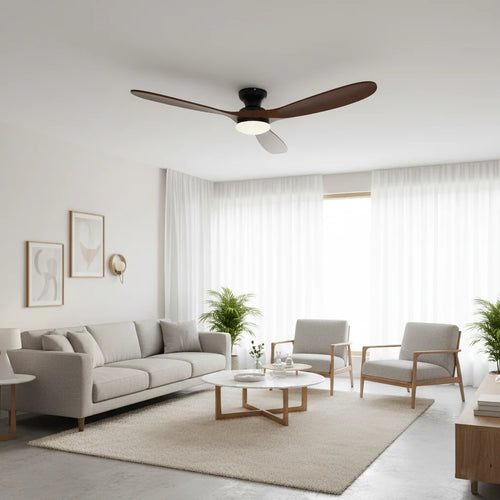 Ashland ceiling fan with its light on above a living room