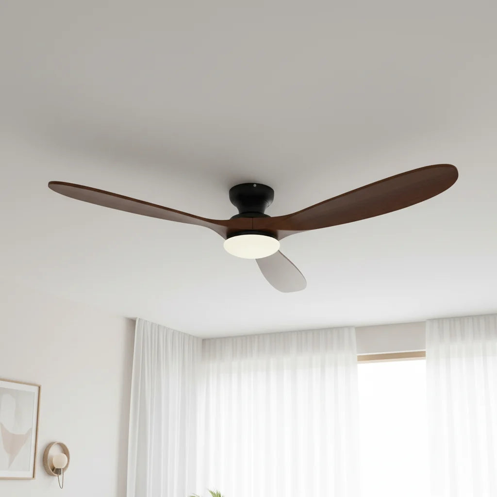 Ashland ceiling fan with light seen from below in a white room